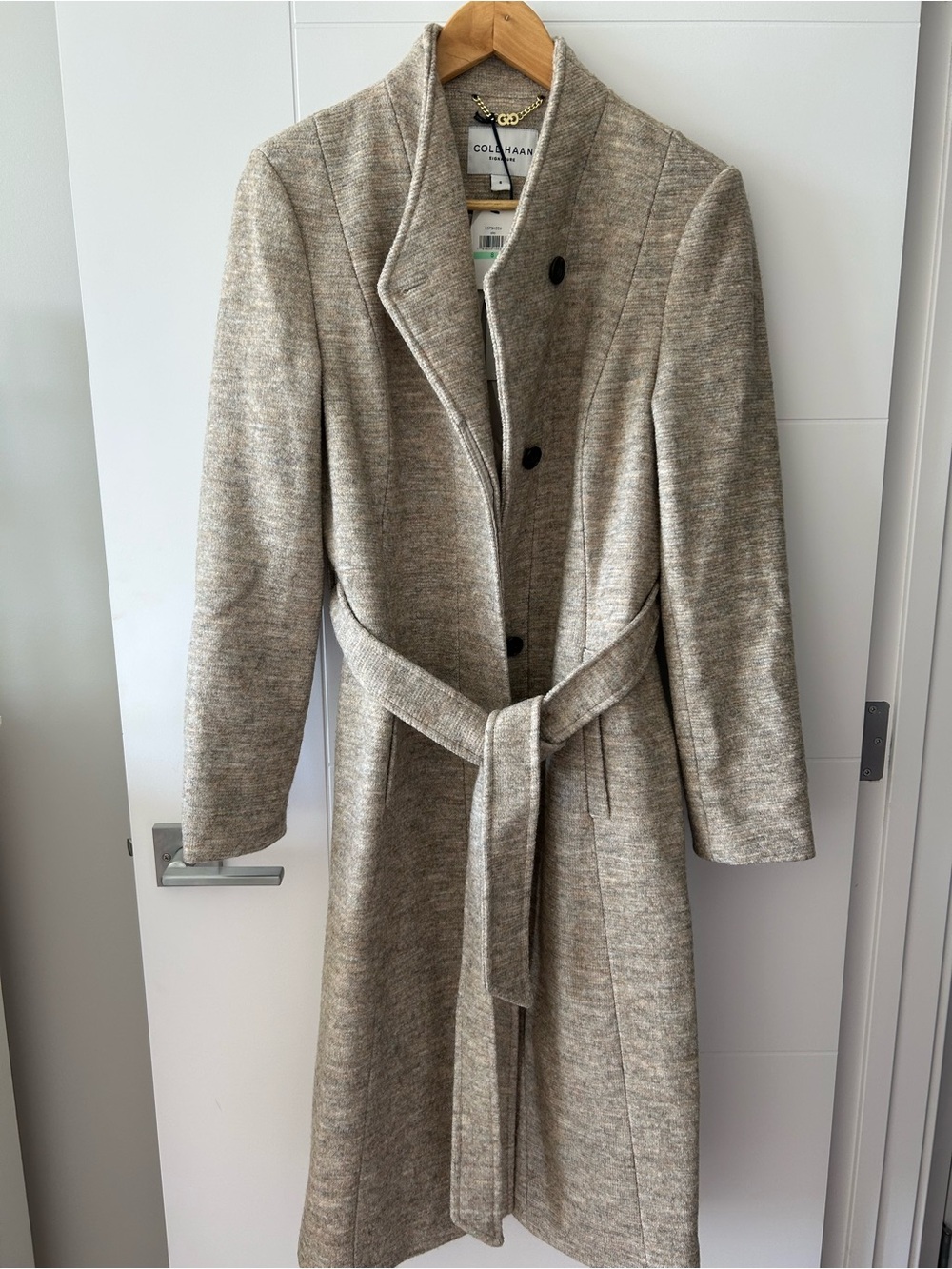 Cole Haan Heathered Tan Belted Wool-Blend Trench Coat